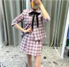 24 New Fadan Maje Pink Checkered Square Neck Lace up Short Coat Top+High Waist Pleated Half Skirt