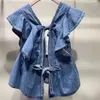 女性のブラウスBlusas Mujer de Moda Verano Elegantes V-Neck High Waist Slim Ruffled Back Lace Up Denim Shirts Blouse Women Doll Top