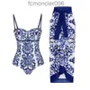 Mulheres Swimwear Biquíni Azul Impresso Moda One Piece Swimsuit e Cobertura com Saia Apertada Bandagem Verão Praia Luxo Elegante J230506 RUU8