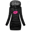 Casual Dresses Women Hoodies Dress Lips Printed Spring Autumn Fashion Long Sleeve Streetwear Hooded High-quality Female Pullover