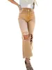 여자 청바지 여성 High High High Waripped 고민 단색 플레어 크로프 팬츠 캐주얼 닳은 넓은 다리 바지