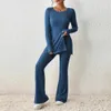 Spring Women Knit Two Piece Set Solid Color Sexy Slit Casual Slim Suit Lång ärm Oneck Topspants Set Fashion Streetwear 240229