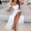 Dresses Cm.yaya Women Boho Elegant High Side Split Maxi Long Skirts Suit with Strapless Crop Tops Matching Two 2 Piece Set Outfits 2022
