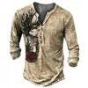 T-shirt Vintage en coton pour hommes, t-shirt graphique, impression 3D, manches longues, bouton Henley, surdimensionné, vêtements masculins, 240226