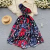 Casual Women Dress Elegant 2024 Holiday Gorgeous Flower Chiffon Long Dress Summer Women's Ruffler One Shoulder Floral Print Sashes Maxi Robe Vestidos