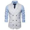 Vests Mens Waistcoat Stripe 격자 무늬 형식 정장 조끼 남성 패션 캐주얼 이중 가슴 소매 소매 남자 남성 사업 정규 드레스 조끼