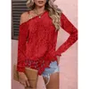 Designer dameskleding 2024 lente en herfst nieuw sweatshirt één schouder decoratieve gesp off-shoulder rose kant T-shirt met lange mouwen sexy slim fit topKSKE