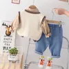 Set di abbigliamento Vestiti per ragazzi Primavera Autunno Bambini Gilet lavorato a maglia Camicie Jeans 3 pezzi Tute per bambina Vestito da festa Pantaloni in denim Abiti