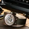 IK Colouring Men Watch Fashion Casual Wooden Case Crazy Horse Leather Strap Wood Watch Skeleton Auto Mechanical Male Relogio Y2004279J