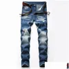 Mäns jeans män smala fit jeans vår höst retro blå mode stänk bläck desinger herr casual denim byxor för manliga vaqueros hombre dhnfh