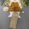 Zweiteiliges Kleid für Damen, luxuriös, mit Pailletten besetzt, 2-teiliges Set, sexy V-Ausschnitt, Laternenärmel, Gürtel, Rüschen, Tops, elastische Taille, figurbetonter Rock, Clubwear-Anzug 2024