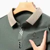 비즈니스 캐주얼 시원한 통기성 직물 남자 라펠 폴로 셔츠 긴 슬리브 패션 디자이너 탑 티셔츠 M-4XL 240301