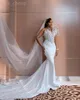 2024 Árabe Aso Ebi Tallas grandes Blanco Sheer Cuello Vestido de novia Con cuentas de encaje con lentejuelas Vestidos de novia elegantes Vestidos ZJ022