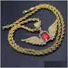 Pendentif Colliers Hip Hop Angel Wings avec grand collier de pierre rouge 76cm chaîne de corde strass incrusté aile collier hommes femmes glacé Dhhoi