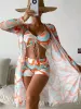 Set Tropical Allover Print Bikini 3Pack Sznurka Rucha Pokrycie Kobiet Swimsuit 2023 Długie rękaw na plażę na plażę kostium kąpielowy