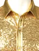 Mens Disco Shiny Gold Sequin Metallic Design Dress Shirt Långärmad knapp ner Christmas Halloween Bday Party Stage Costume 240307