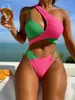 Damenbadebekleidung Sexy Kontrast Bikini Frauen Rosa Grün Patchwork Eine Schulter ausschneiden Hohe Taille Badeanzug 2024 Sommer Badeanzug