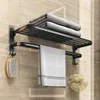 Matte Black No Drilling Towel Rack Movable Holder With Hook Wall Mount Shelf Aluminum Shower Hanger Rail Bathroom Accessories 240304