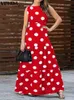 Urban Sexy Kleider Plus Größe 5XL VONDA Bohemian Maxi Kleid Frauen Sommer Ärmellose Polka Dot Sommerkleid Casual Lose Plissee Party Lange Robe mit Gürtel L240309