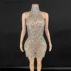 Urban Sexy Dresses New Mesh Dress Luxury Evening Celebrate Prom Birthday Party Transparent Gold Black Sequins Rhinestones Short Singer Stage Wear L240309