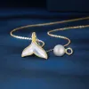 Micro-conjunto de zircão pérola rabo de peixe pulseira conjunto de colar de ouro 14k pingente de sereia joias femininas
