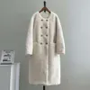 Haining Fur Winter New Double Breadted Buckle Sheep Cut Fleece Women's Long Lamb Wool Coat 427093