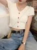 Women's T Shirts T-shirts Women Knitted Cute Crop Tees Female Buttoned Up V-Neck Solid Short Sleeve Casual 2024 Summer For