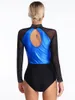 Stage Draag dames sprankelende Latin Dance -mueeltjes kleurblok sleutelgat terug pure mesh lange mouw bodysuit voor gymnastiek figuurschaatsen