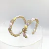 18k gold plated rhinestone hoop earrings Alluring purple light pink flower form Fashion brand designer earrings for women weddi263W