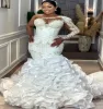 Arabic Aso Ebi Plus Size Mermaid White Wedding Dress For Bride Lace Beaded Tiers Organza Bridal Gowns Dresses ZJ047