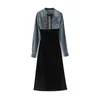 2024 Spring Black Contrast Color Panelled Dress Long Sleeve Stand Collar Double Pockets Midi Casual Dresses W4M051702