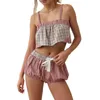 Women's Sleepwear Kimydreama Women Plaid Pajamas Set 2 Piece Loungewear Casual Cropped Cami Tank Tops And Drawstring Shorts