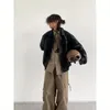 Jaqueta de couro da motocicleta dos homens bombardeiro piloto retro solto plutônio curto casaco japonês casual streetwear multi bolso tendência outwear 240226