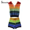 Set Vintage Rainbow Striped Sticked Set för kvinnor 2022 Summer Luxury Designer Knit Top+Shorts Two Piece Outfits