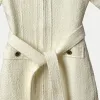 Short Sleeve Round Neck Ivory Tweed Belted Black Panelled Pleated Knee-length Dress Women Fashion Dresses W1815218