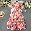 Grundlegende Freizeitkleider Runway Wunderschönes Blumen-Chiffon-Kaskadenkleid für Damen mit V-Ausschnitt, kurzen Ärmeln, Blumendruck, elastischer Taille, langer Boho-Robe, Vestidos 2024