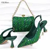 Klänningskor Ankomst Rhinestone Green Color and Purse Set African Style Woman Elegant Sandals High Heels Bag For Party