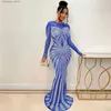 Urban Sexy Dresses Sexig Rhinestone Crystal Mesh Se genom Maxi Dress New Women Long Sleeve Birthday Night Clubwear Long Dress Wedding Party Dress L240309