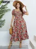 Urban Sexy Dresses GIBSIE Blumendruck Quadratischer Ausschnitt Puffärmel Kleid Damen Plus Size Urlaub Boho Strand Rüschensaum A-Linie Sommer Lange Kleider 2023 L240309