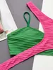 Women's Swimwear Sexy Contrast Bikini Women Pink Green Patchwork One Shoulder Cut Out High Waist Swimsuit 2024 Summer Bathing Suit