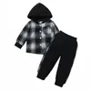 Kledingsets Peuter Baby Boy Plaid Print lange mouw knop hoodie en elastische broek herfstkleding 2 -delige outfits