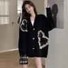 Women's Knits Cardigan Women Loose Chic V-neck Sweaters Knitted Thicken Simple Spliced Kpop Trendy Autumn Outwear Vintage Heart All-match