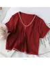 Women's T Shirts T-shirts Women Knitted Cute Crop Tees Female Buttoned Up V-Neck Solid Short Sleeve Casual 2024 Summer For