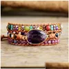 Beaded Leather Wrap Bracelets W/ Natural Stone Amethysts Crystals Triple Statement Art Bracelet Bohemian Jewelry Gifts Y200730 Drop Dhvjx