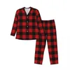 Men's Sleepwear Pajamas Mens Red And Black Plaid Leisure Checkerboard 2 Pieces Casual Set Long Sleeve Oversized Home Suit