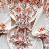 Casual Dresses Fashion Runway Flower Print Maxi Dress Women Clothing Lantern Sleeve Single Breasted Belt Long Robes Vintage Vestidos 2024