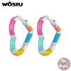 Wostu original 925 prata esterlina arco-íris em forma de coração clipes de orelha argola com processo de esmalte jóias finas para presente de festa feminino 240301