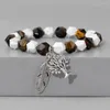 Charmarmband Facetterade 10 mm pärlor Silver Color Tree of Life Feather Pendants Natural Stone Tiger Eye For Women Men smycken