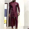 Men'S Casual Shirts African Men Dress Shirt Mid Length Round Neck Long Sleeve Tops Male Spring Traditional Plus Size Slim Dashiki Blo Dhury