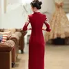 Etniska kläder vinröd bröllop cheongsam engagemang klänning kinesisk qipao toast kläder retro mandarin krage förbättrad sexig slits smal